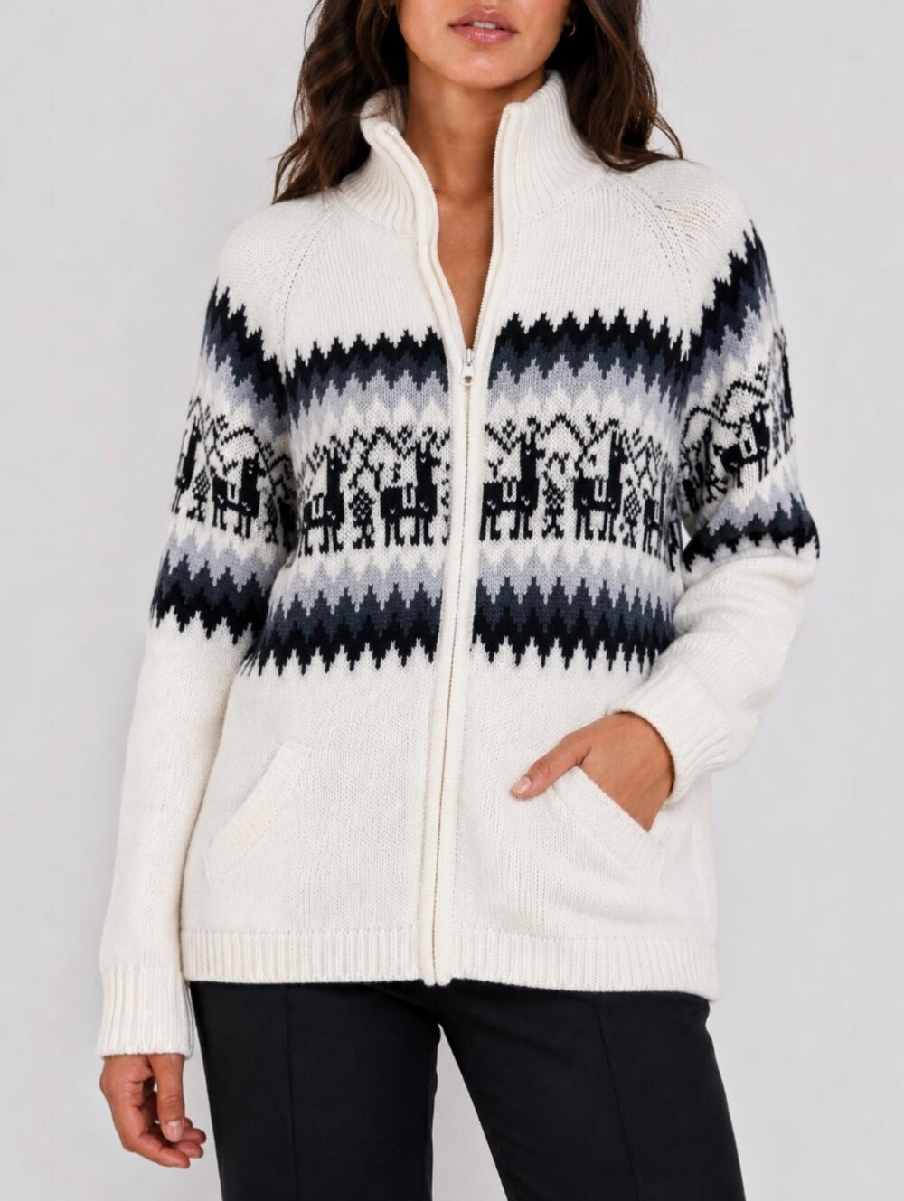 Alpaca llama Fair Isle Zip Up Sweater Ivory Nordic Apres Ski Chalet Cardigan M